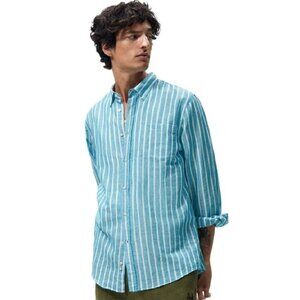 ZARA STRIPED LINEN - COTTON SHIRT LIGHT TURQUOISR SIZE XL  | 7545/188/425